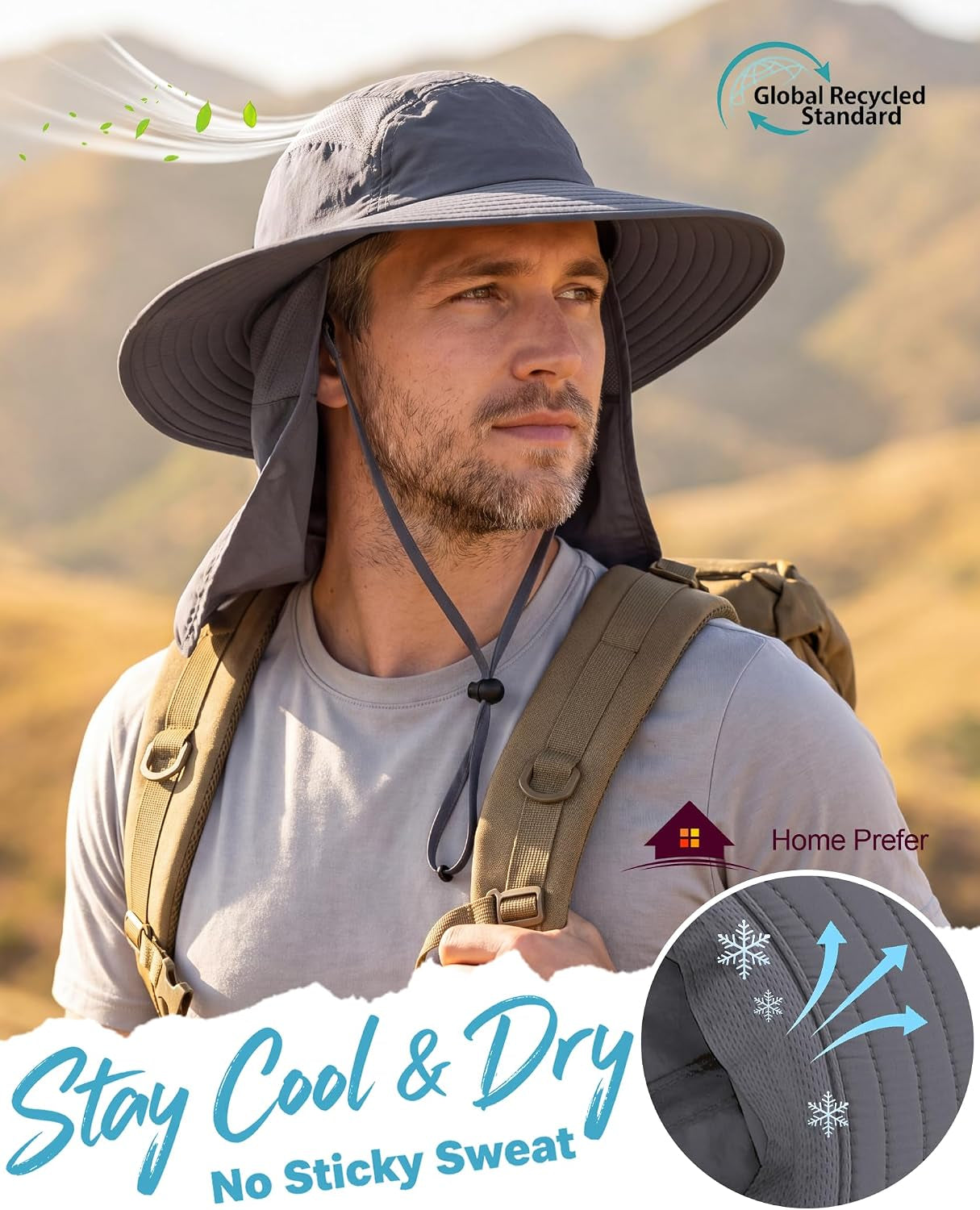 UPF 50+ Mens Wide Brim Fishing Hat with Neck Flap Sun Hat for Men Women Sun Protection Cap