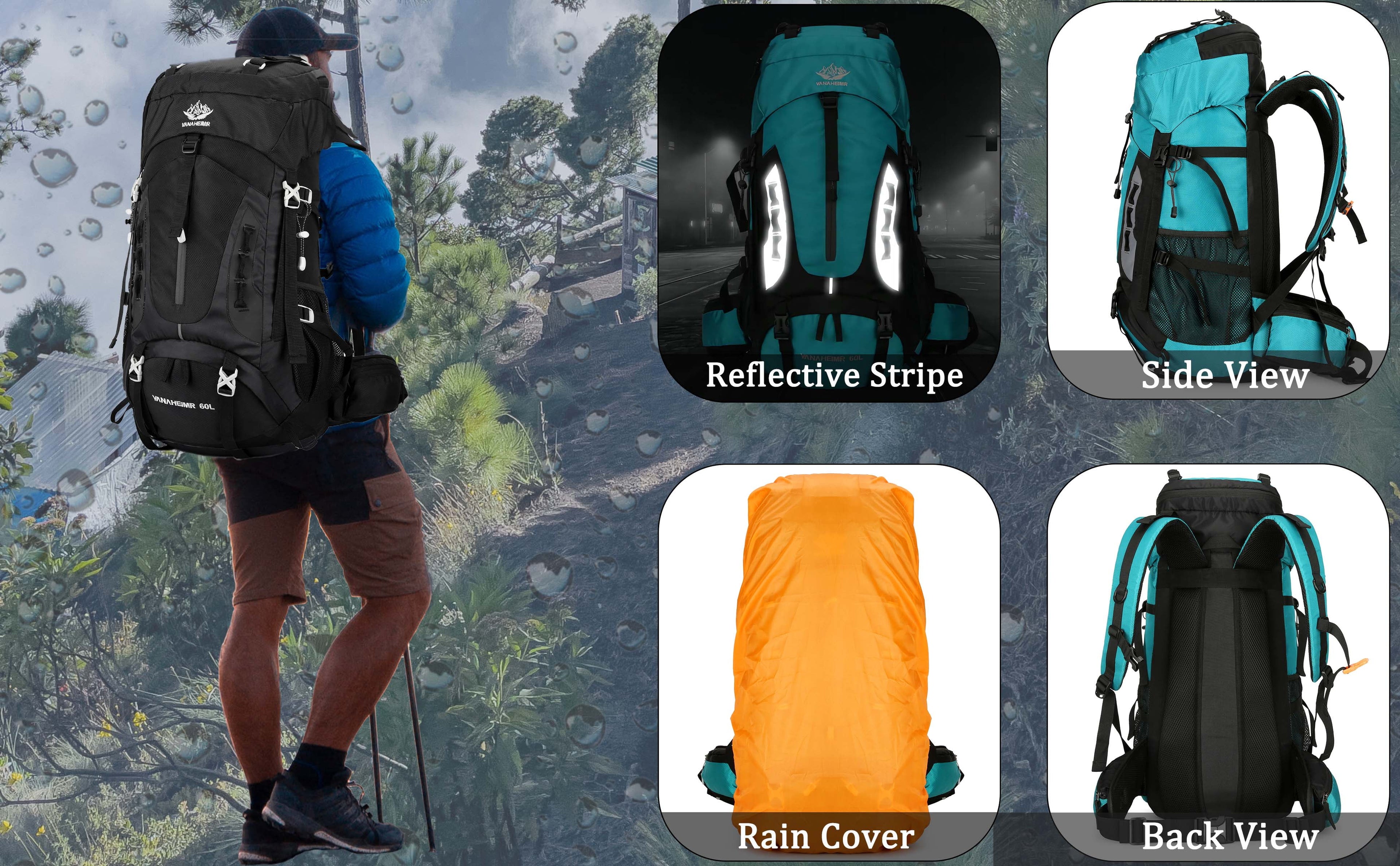 60L Travel Hiking Camping Backpack with Rain Cover,Backpack Water Resistant,Traveling Backpack for Men Women