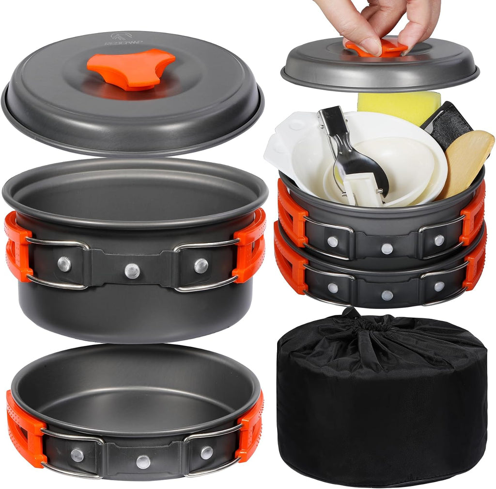 6/10/11/12/14/15/19 PCS Camping Cookware Mess Kit Camping Gear Campfire Utensils Lightweight Stackable Pot Pan Bowls Soup Spoon with Storage Bag for Camping, Backpacking, Outdoor Cooking