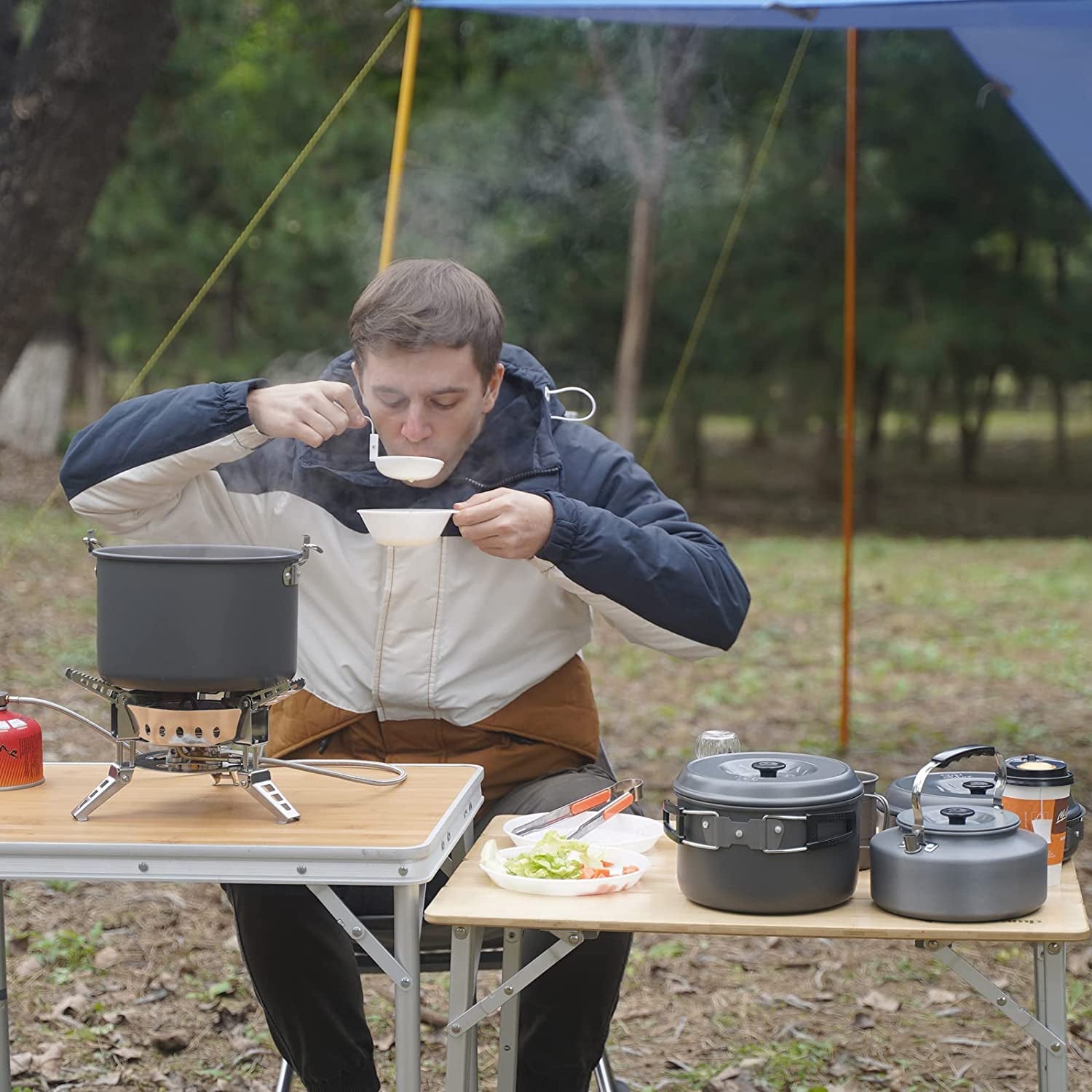 13Pcs Camping Cookware Mess Kit, Nonstick Backpacking Cooking Set, Outdoor Cook Gear for Family Hiking, Picnic Lightweight Cookware Sets(Kettle, Pots, Frying Pan, Bpa-Free Bowls, Plates, Spoon)
