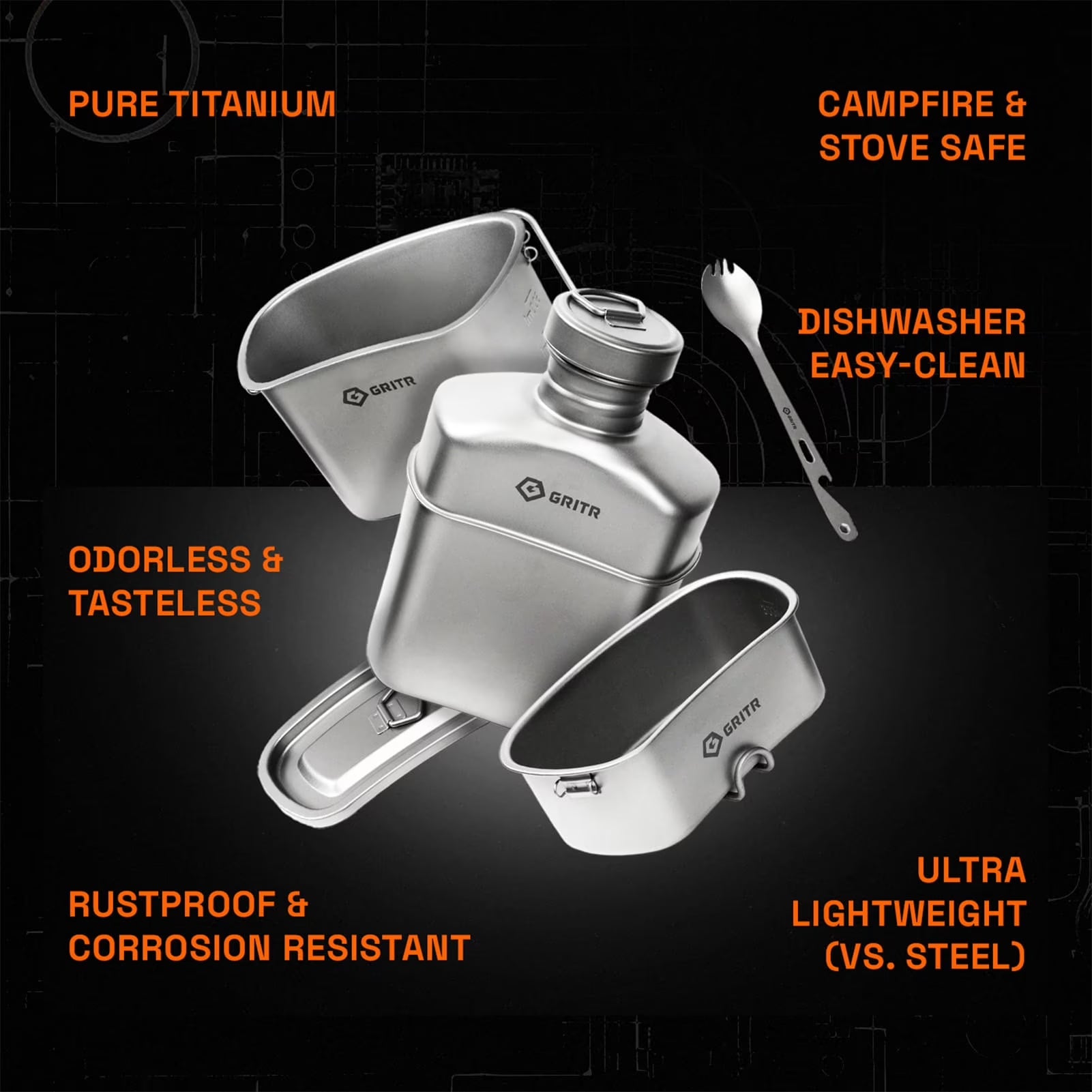 Titanium Canteen Mess Kit, Camping Open Fire Cookware Set W/ Storage Bag