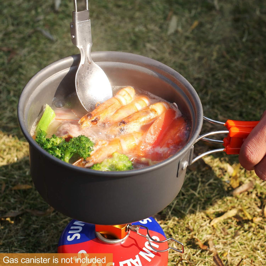 6/10/11/12/14/15/19 PCS Camping Cookware Mess Kit Camping Gear Campfire Utensils Lightweight Stackable Pot Pan Bowls Soup Spoon with Storage Bag for Camping, Backpacking, Outdoor Cooking