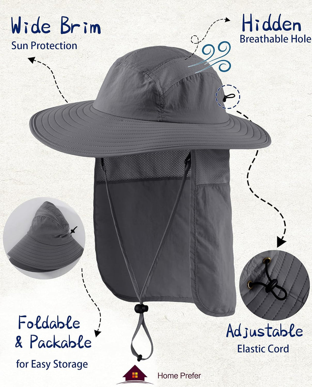 UPF 50+ Mens Wide Brim Fishing Hat with Neck Flap Sun Hat for Men Women Sun Protection Cap