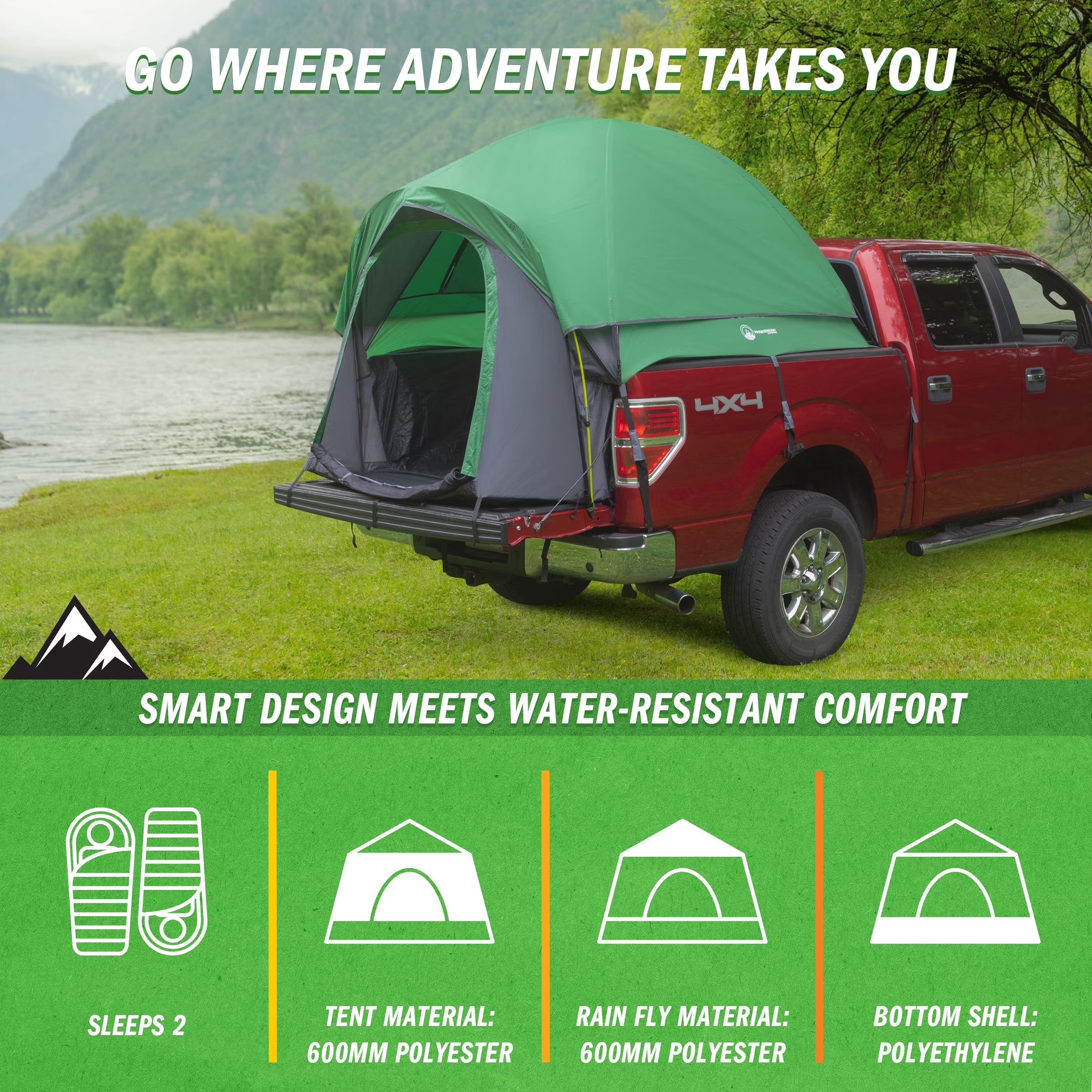 Outdoors Water-Resistant Truck Bed Tent for 2-Person, Green, Fits 5.5-6 Ft Truck Beds
