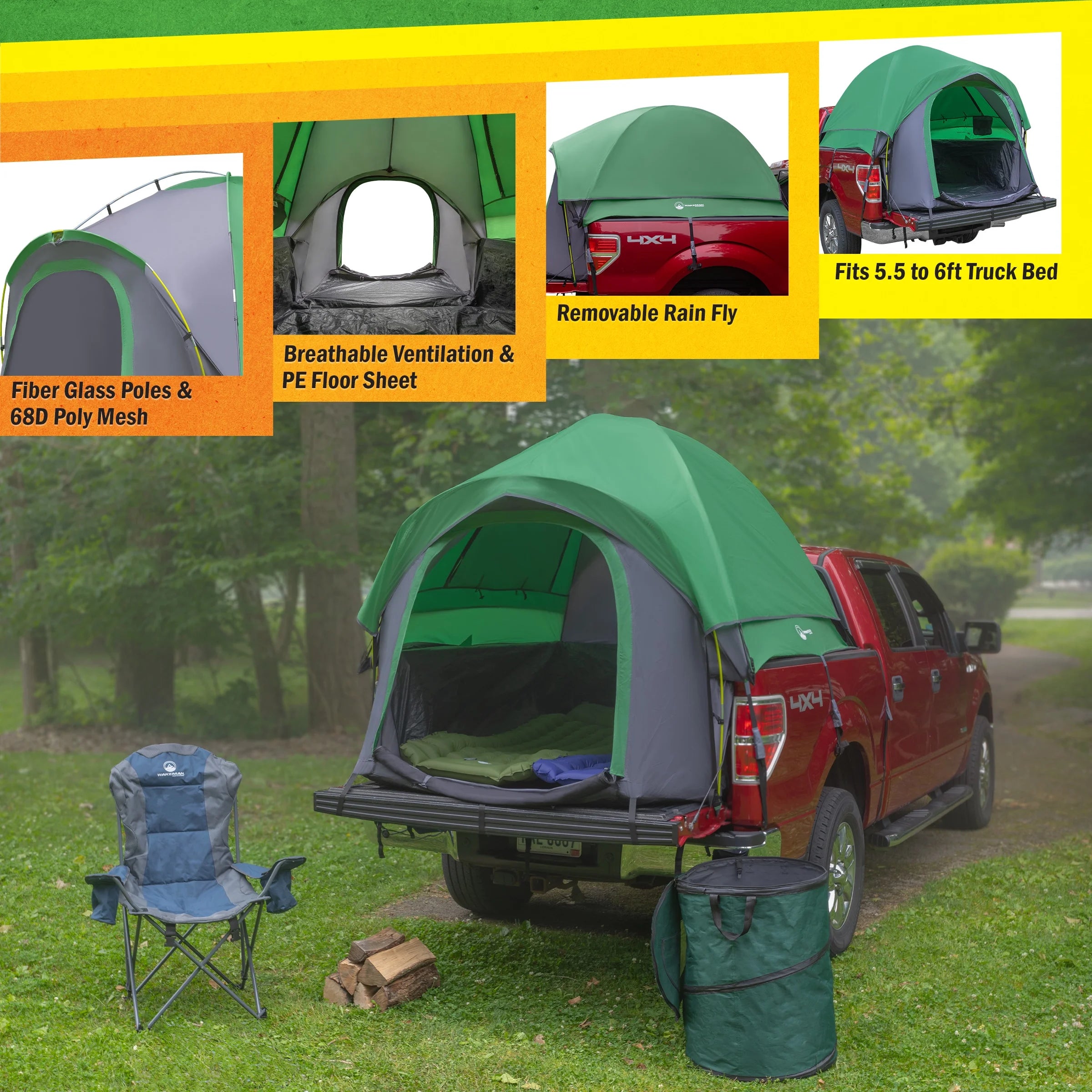 Outdoors Water-Resistant Truck Bed Tent for 2-Person, Green, Fits 5.5-6 Ft Truck Beds