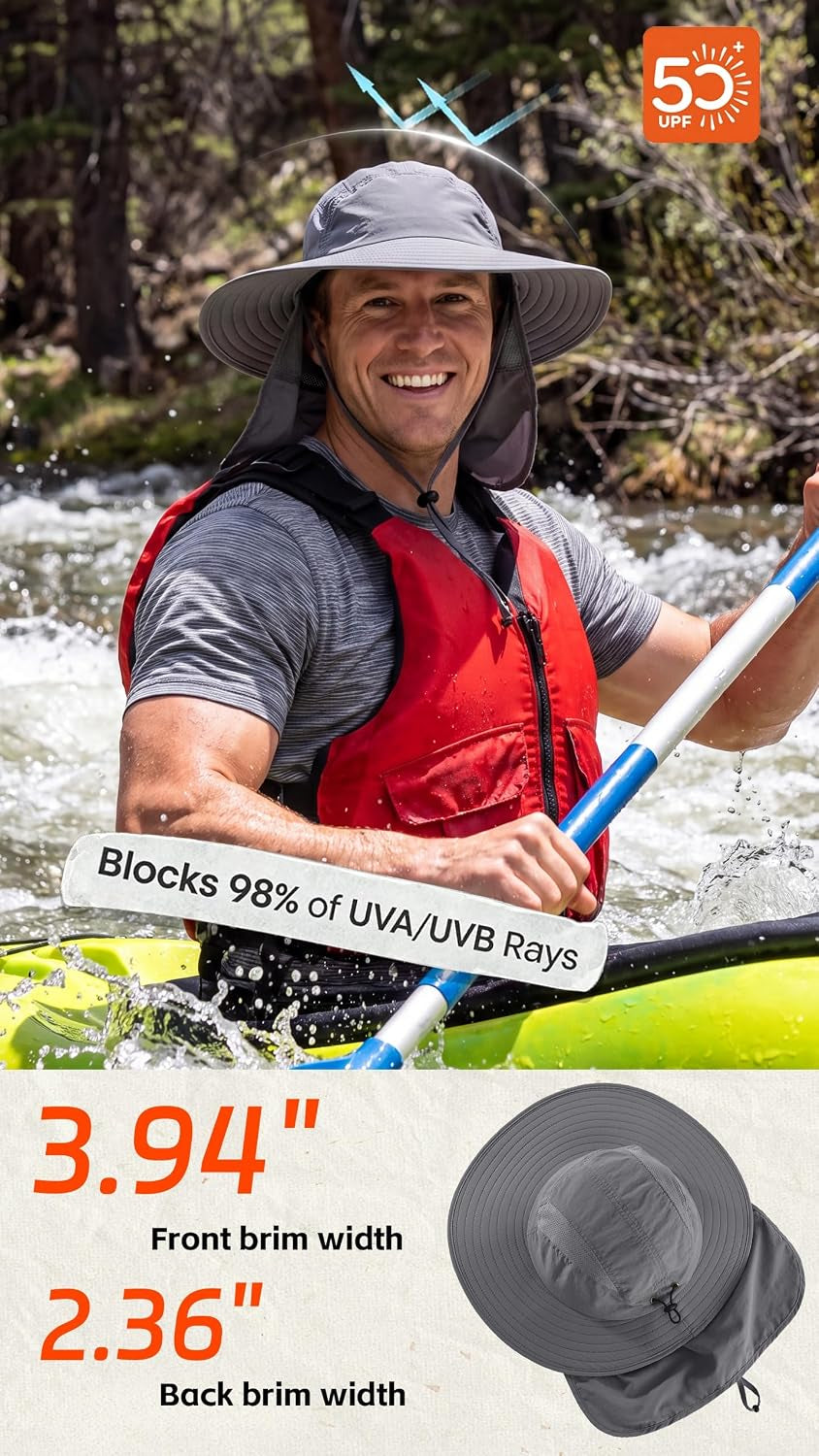 UPF 50+ Mens Wide Brim Fishing Hat with Neck Flap Sun Hat for Men Women Sun Protection Cap