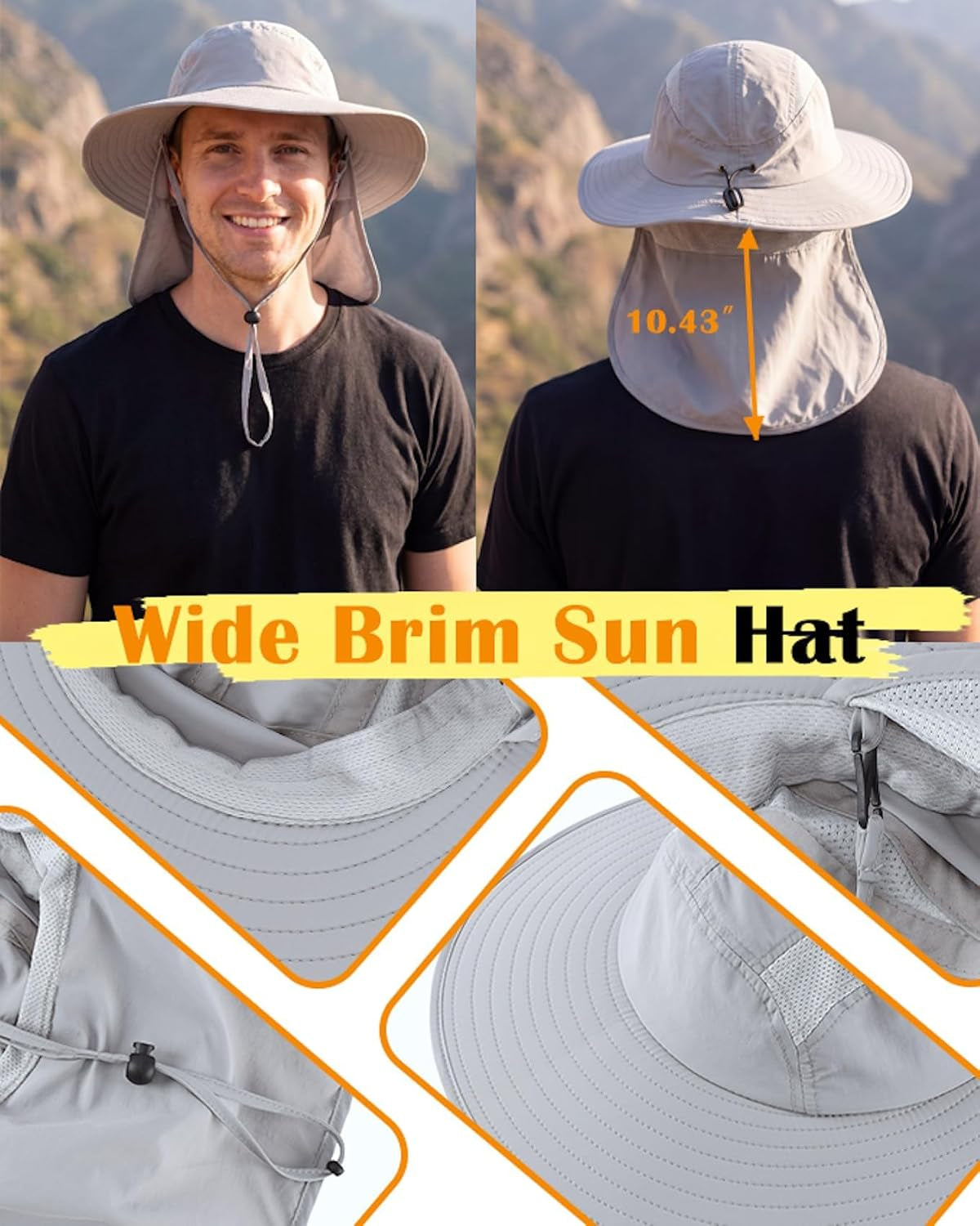 UPF 50+ Mens Wide Brim Fishing Hat with Neck Flap Sun Hat for Men Women Sun Protection Cap